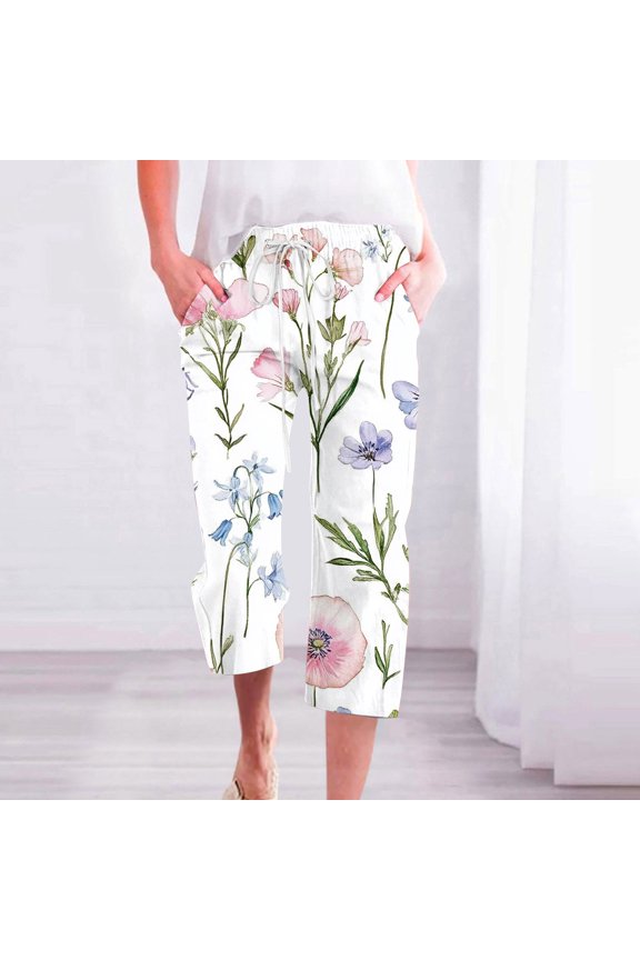 Women's Floral Printed Linen Capris with Pockets Drawstring Loose Fit Cropped Pants Gradient Summer Casual