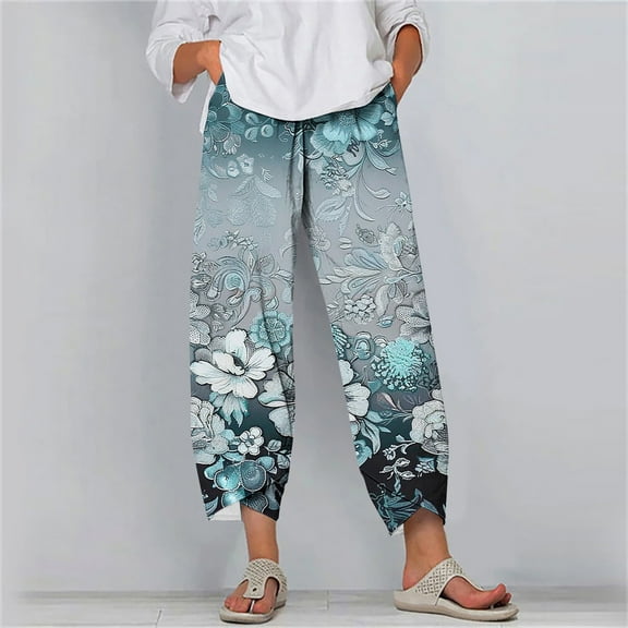 Women's Capris With Pockets Plus Size Summer Comfortable Loose Wide Legs Fashion Printed Capris Pants