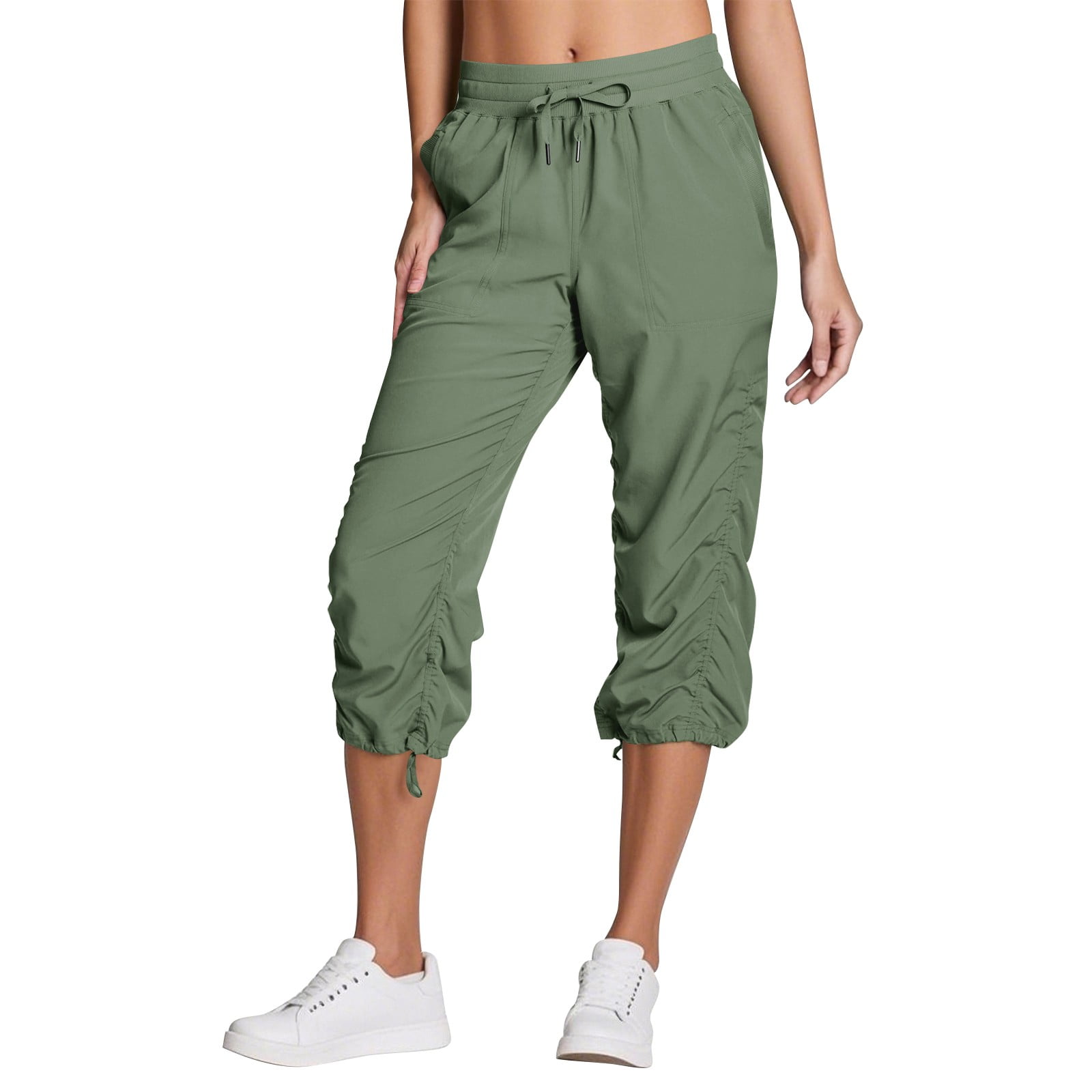 Women's Capris with Pockets Pull on Cinch Bottom Stretch Cargo Pants Drawstring Elastic Waist Breathable Adjustable Baggy Pants Green S