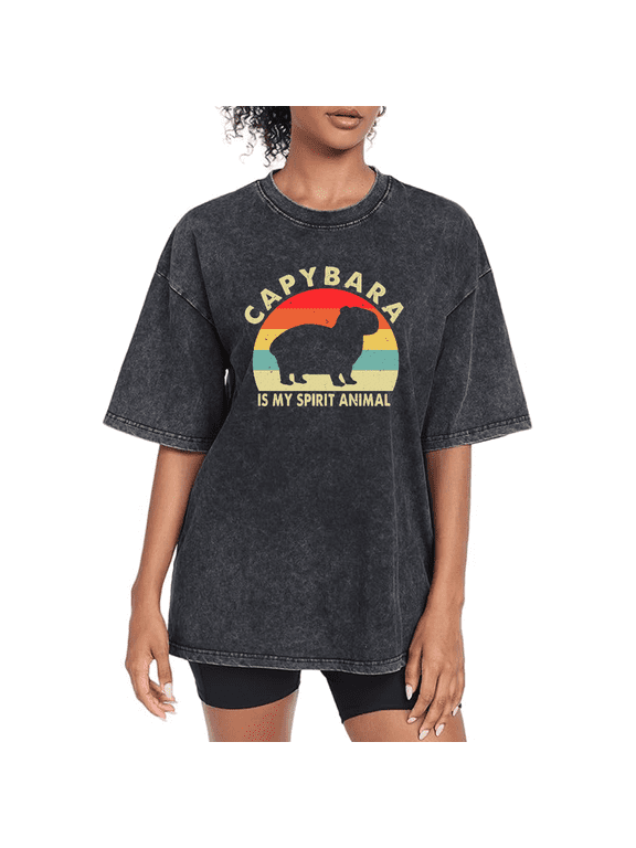 Women's Capybara Spirit Animal Graphic Cotton Washed T Shirt Casual Comfortable Black S-2XL Plus Size