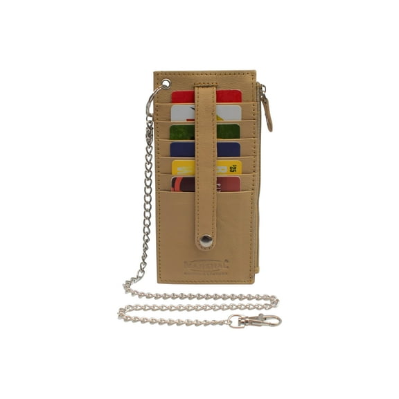 Women's Card Case Holder Slim Wallet with Chain & Card Protection Strap Genuine Leather