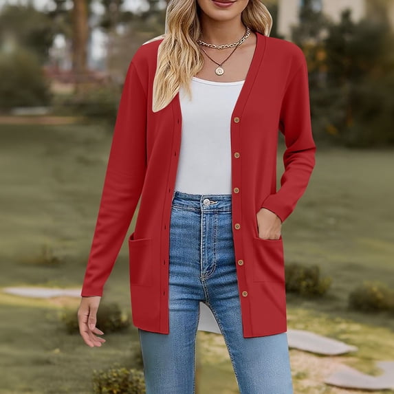 Women's Cardigan 2025 Fall Fashion Cardigan Lightweight Soft Knit Cardigan For Women Long Sleeve Open Front Coat With Pockets,Red Women's Cardigan M