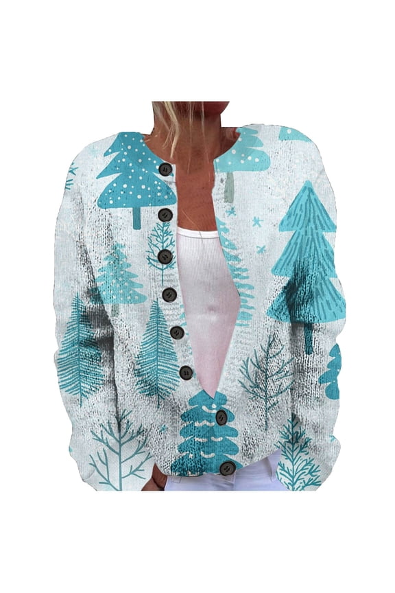 Women's Cardigan Autumn Winter Fashion Casual Christmas Print Button Up Jacket Cozy Comfortable Stylish Outerwear