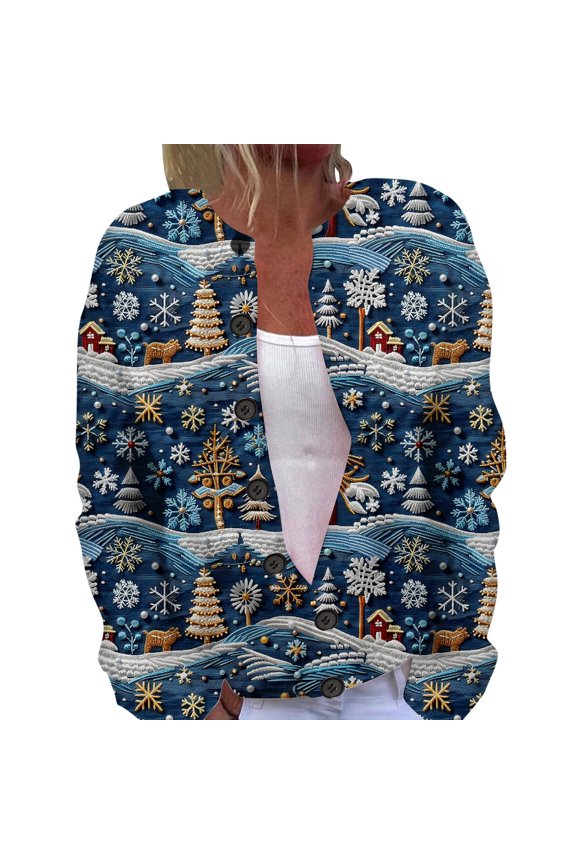 Women's Cardigan Autumn Winter Fashion Casual Christmas Printed Button Up Jacket Cozy Comfortable Stylish Long Sleeve Outerwear