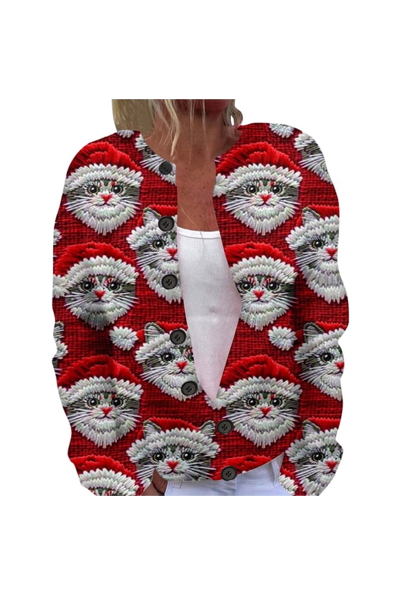 Women's Cardigan Autumn Winter Fashion Casual Christmas Printed Button Up Jacket Cozy Comfortable Stylish Long Sleeve Outerwear
