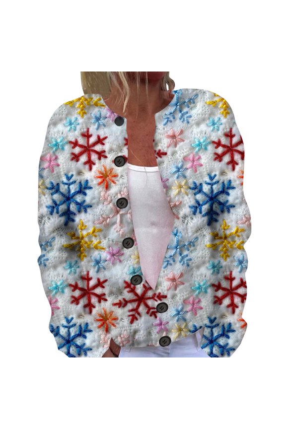 Women's Cardigan Autumn Winter Fashion Casual Christmas Printed Button Up Jacket Cozy Comfortable Stylish Outerwear