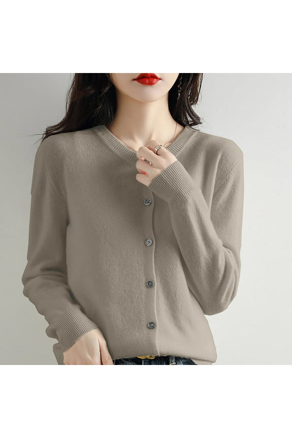 Women's Cardigan Basic Crew Neck Long Sleeve Button Down Cardigan,Brown Women's Cardigan M