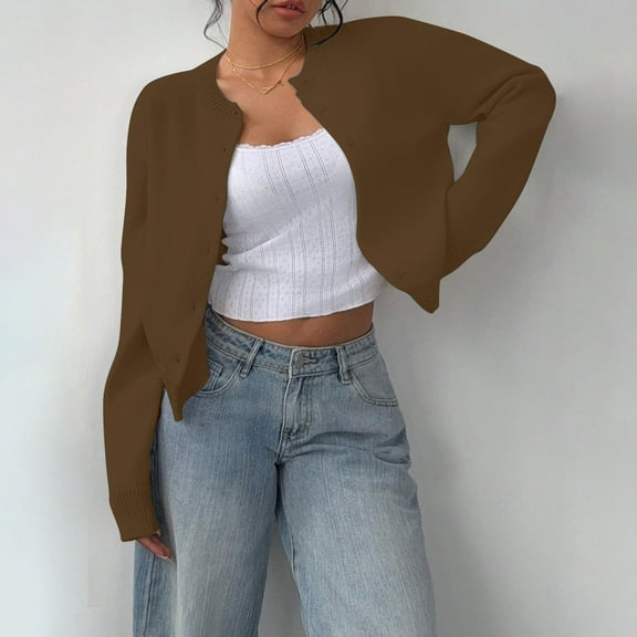 Women's Cardigan Button Down Long Sleeve Crewneck Crop Cardigan Sweater Cute Knitwear Clothes,Brown Women's Cardigan XXL