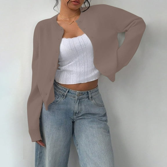 Women's Cardigan Button Down Long Sleeve Crewneck Crop Cardigan Sweater Cute Knitwear Clothes,Gray Women's Cardigan XL