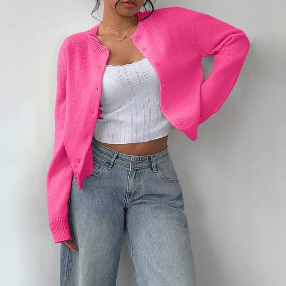 Women's Cardigan Button Down Long Sleeve Crewneck Crop Cardigan Sweater Cute Knitwear Clothes,Pink Women's Cardigan L