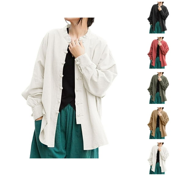 Women's Cardigan Chinese Retro Style Linen Long Sleeve Shirt Top Blouse Outerwear Open Front Knit Sweater Cardigan Sweaters for Women