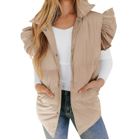 Women's Cardigan Clearance Women's Mid Long Puffer Vest Ruffle Sleeve Button Down Bubble Jackets Quilted Puffy Outerwear