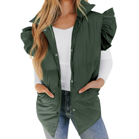 Women's Cardigan Clearance Women's Mid Long Puffer Vest Ruffle Sleeve Button Down Bubble Jackets Quilted Puffy Outerwear