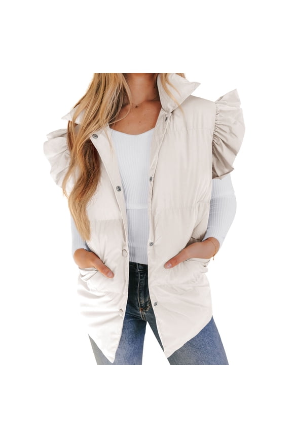 Women's Cardigan 2025 Women's Mid Long Puffer Vest Ruffle Sleeve Button Down Bubble Jackets Quilted Puffy Outerwear