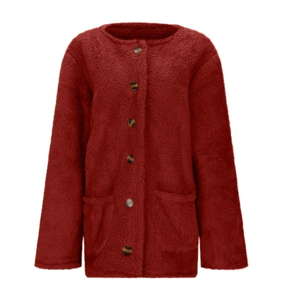 Women's Cardigan Coat Casual Long Sleeve Buttoned Pocket Round Neck Solid Color Warm Winter Outerwear Soft Comfortable Lightweight