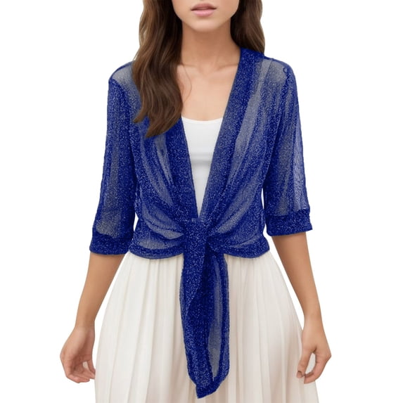Women's Cardigan Cropped 3/4 Sleeve Sheer Mesh Open Front Lightweight Shrug Top Blouse for 2026 Summer Outfits