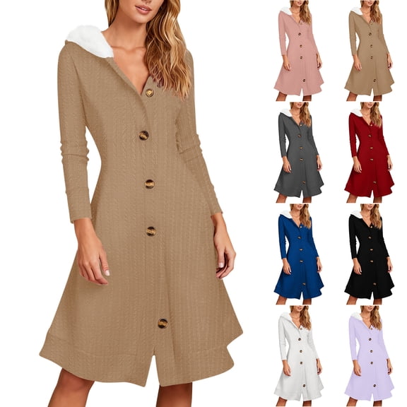 Women's Cardigan Dress Hooded Dress Longline Knit Fleece Trim Solid Color Casual Winter Dress for Loungewear Holiday,White,XL