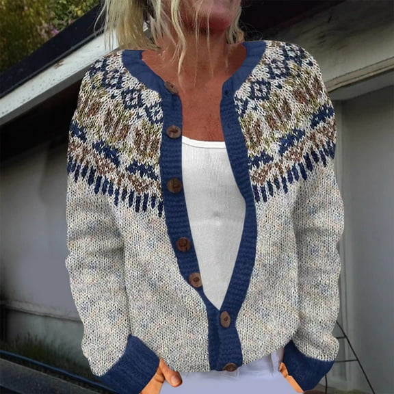 Women's Cardigan Ethnic Style Sweater Knitted Sweater Cardigan Sweater Jacket,Blue Women's Cardigan M