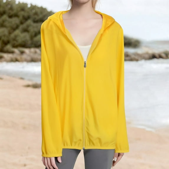 Women's Cardigan Female Solid Color Hooded Sun Clothing Jacket Lightweight Close Fitting Sports Outdoor Long Sleeve Zipper Jacket,Yellow Women's Cardigan XXL