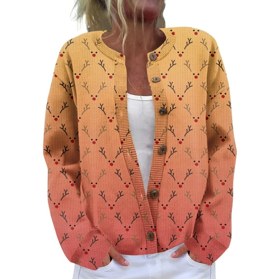 Women's Cardigan Long Sleeve Lightweight Fun Christmas Print Jacket with Button Front for Holiday Fashion and Casual Wear,Orange,M