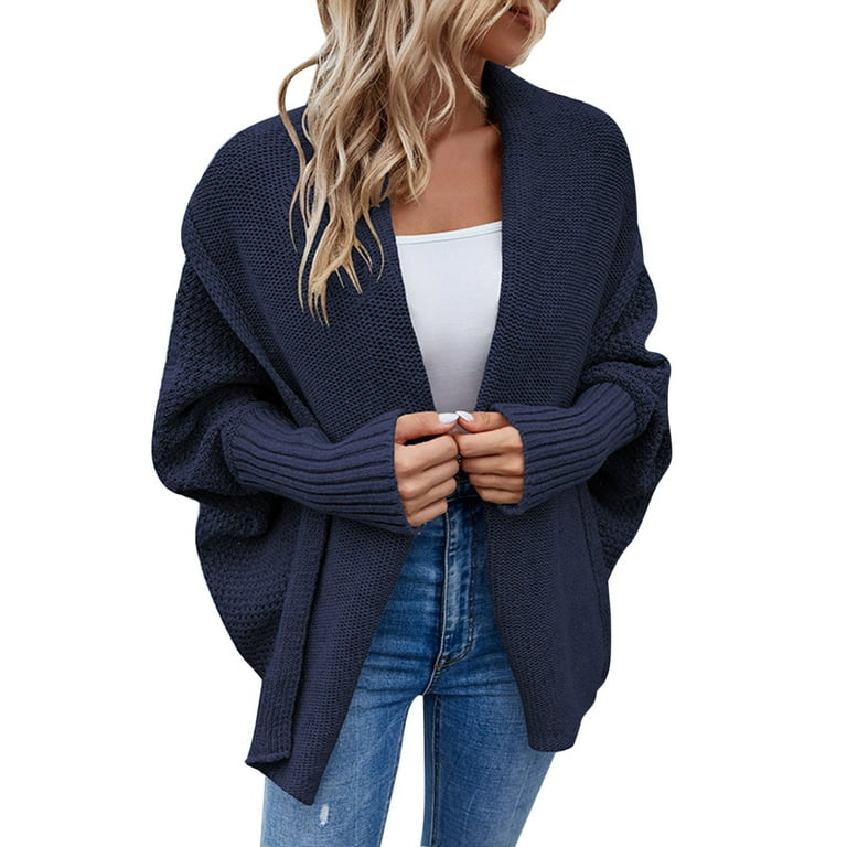 Women s Cardigan Long Sleeve Loose Fit Knit Cable Open Front Button Down Outerwear Soft Lightweight Slouchy Coat Outerwear Cardigan Sweater X Large Navy Walmart