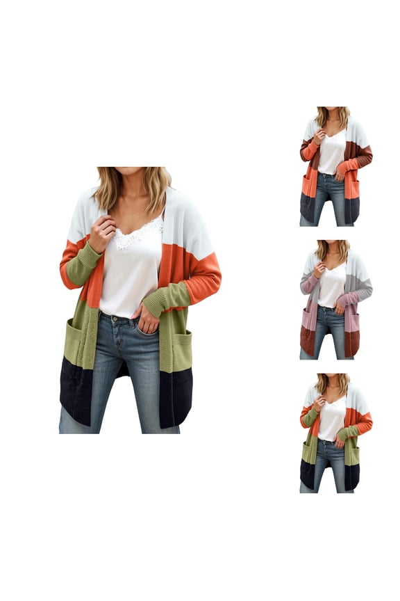 Women's Cardigan Long Striped Patchwork Jacket With Large Pockets For Casual And Style Cardigan Sweaters for Women