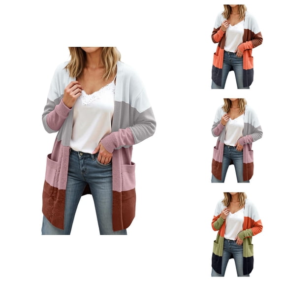 Women's Cardigan Long Striped Patchwork Jacket With Large Pockets For Casual And Style Cardigan Sweaters for Women