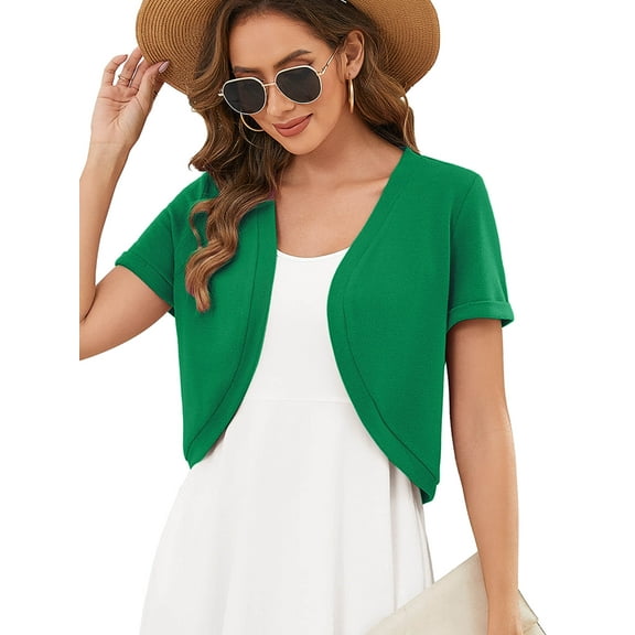DEMOTIME Women's Cardigan Open Front V-Neck Lightweight Short Sleeve Bolero Shrugs Green L