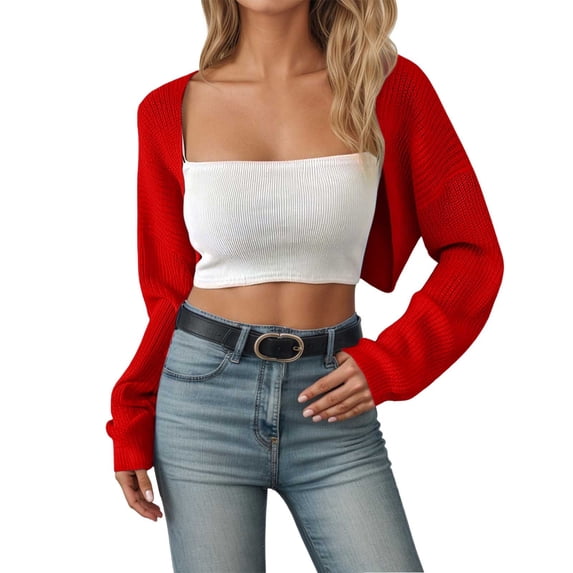 Women's Cardigan Shawl Long Sleeve Knitted Short Top Open Front Wrap Cardigan,RD1,L