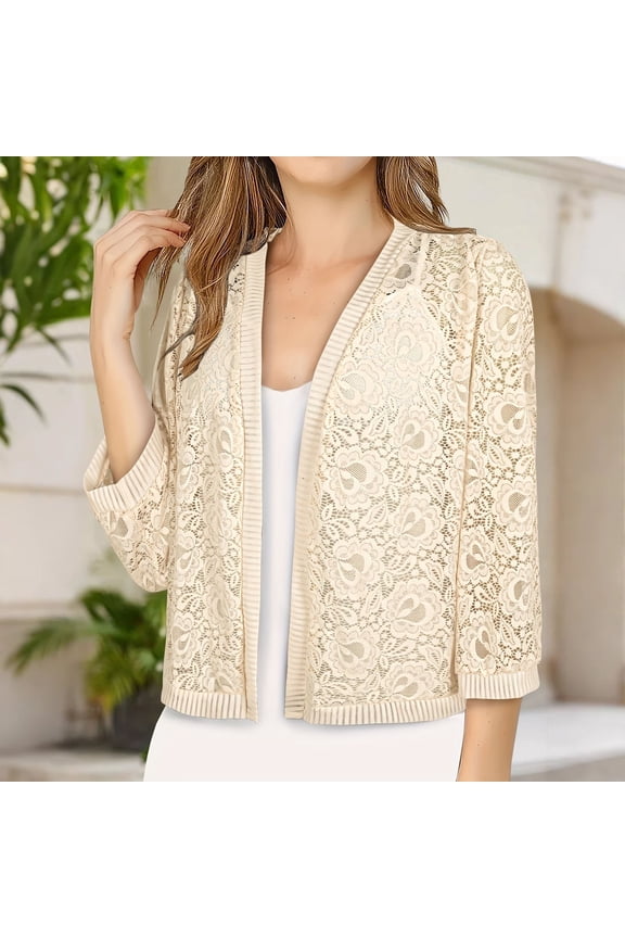Women's Cardigan Solid Color Lace Knitted Cardigan With A V Neck And Three Quarter Sleeves For Ladies,Beige Women's Cardigan M