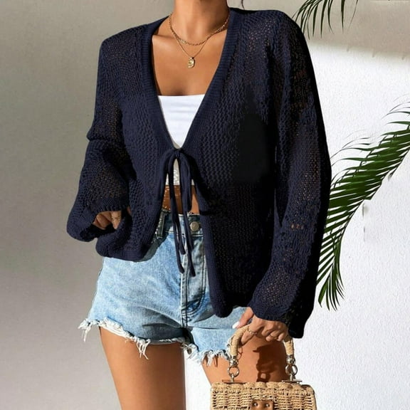 Women's Cardigan Solid Color Lace Knitted Cardigan With A V Neck And Three Quarter Sleeves For Ladies,Black Women's Cardigan M
