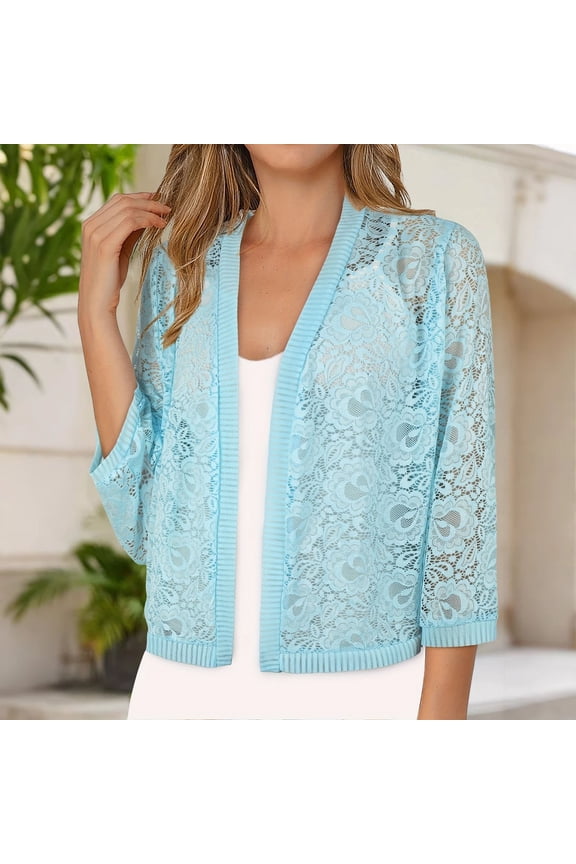 Women's Cardigan Solid Color Lace Knitted Cardigan With A V Neck And Three Quarter Sleeves For Ladies,Blue Women's Cardigan M