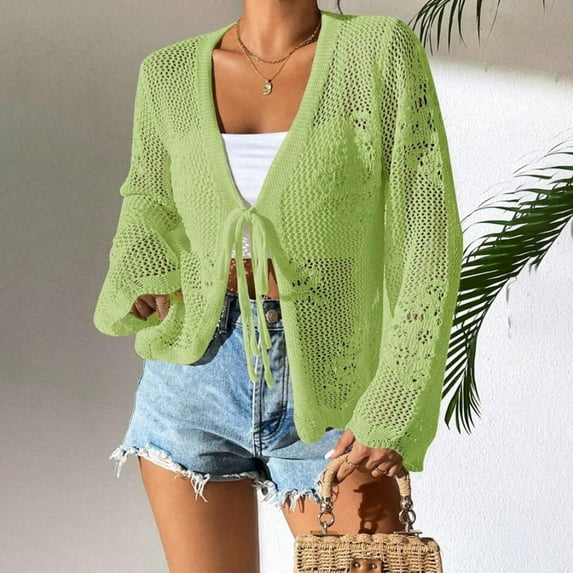 Women's Cardigan Solid Color Lace Knitted Cardigan With A V Neck And Three Quarter Sleeves For Ladies,Green Women's Cardigan L