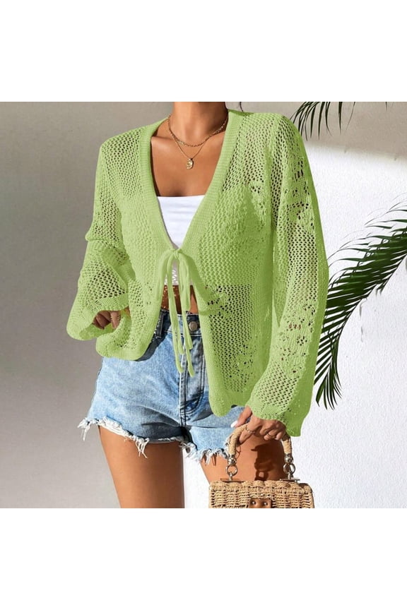Women's Cardigan Solid Color Lace Knitted Cardigan With A V Neck And Three Quarter Sleeves For Ladies,Green Women's Cardigan M