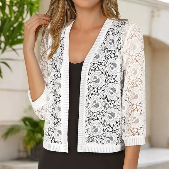 Women's Cardigan Solid Color Lace Knitted Cardigan With A V Neck And Three Quarter Sleeves For Ladies,White Women's Cardigan L