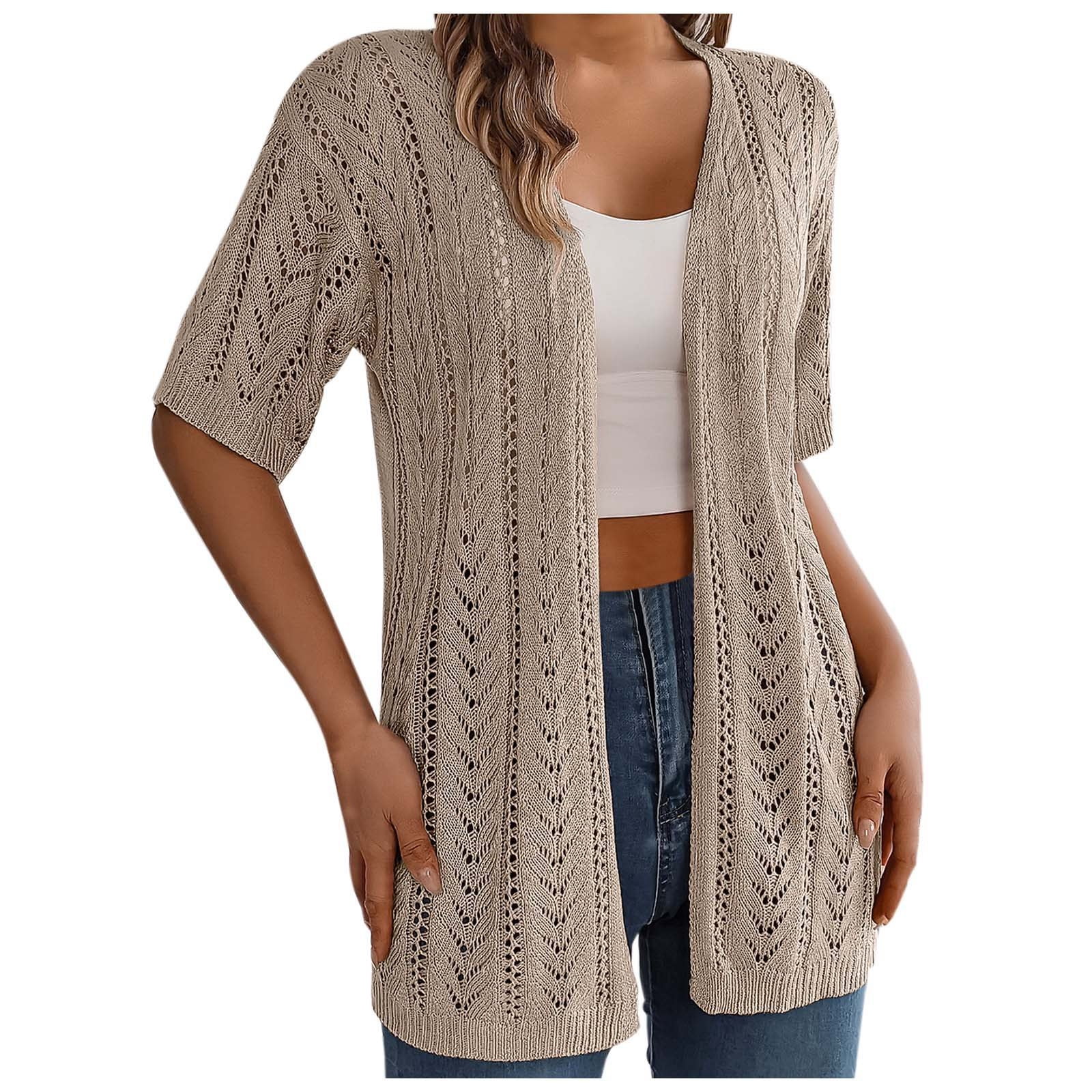【MODERNIF】Hidden Short Sleeve Round Cardigan Women's Cardigan Solid Color Summer Crochet Short Sleeve