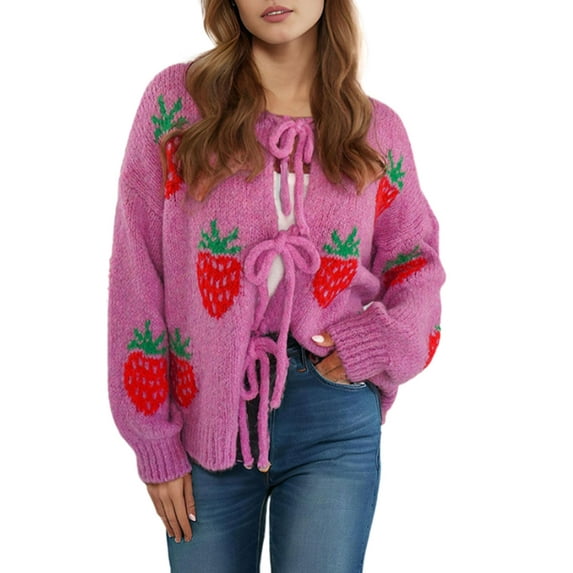 Women's Cardigan Strawberry Jacquard Knitted Sweater Casual Loose Knit Cardigan Sweaters of Female S-XL
