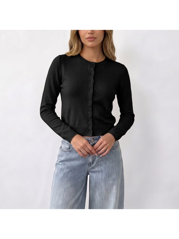 Women's Cardigan Sweater Button Down Crewneck Long Sleeve Cropped Ribbed Knit Soft Stretchy Lightweight Slim Fit Casual Dressy Fall Winter Layering Tops Black