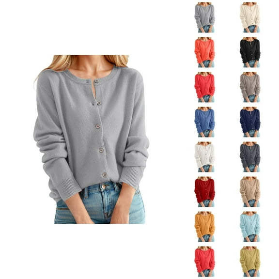 Women's Cardigan Sweater Classic Crew Neck Button Collar Knit Front Open Cardigan Sweaters for Women