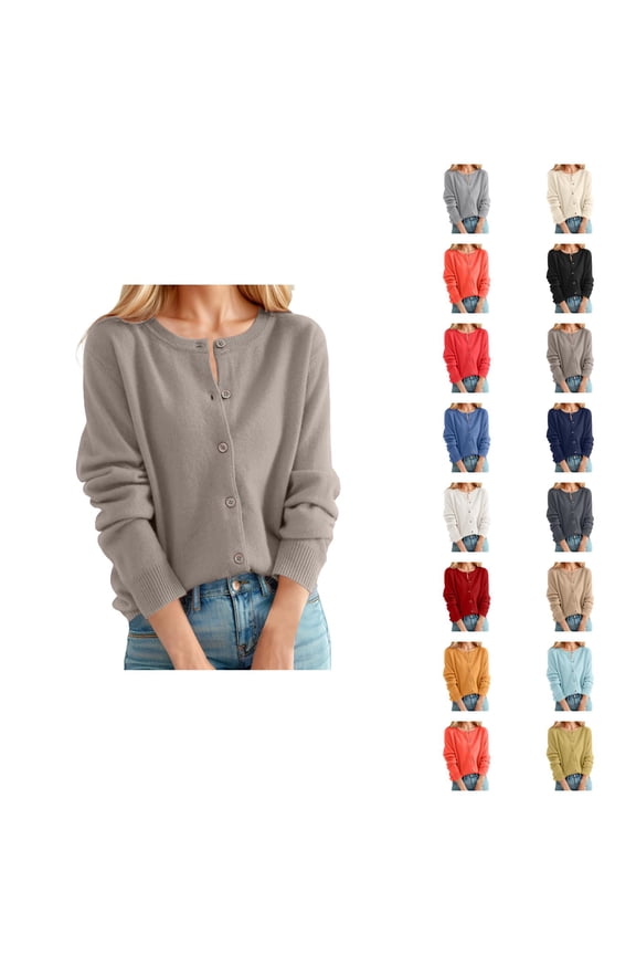 Women's Cardigan Sweater Classic Crew Neck Button Collar Knit Front Open Cardigan Sweaters for Women