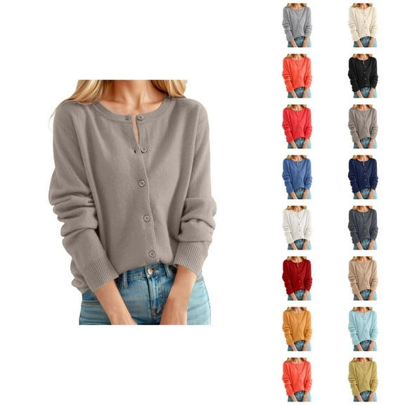Women's Cardigan Sweater Classic Crew Neck Button Collar Knit Front Open Cardigan Sweaters for Women