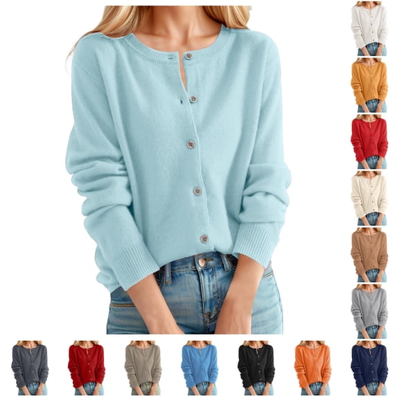 Women's Cardigan Sweater Classic Crew Neck Button Collar Knit Front Open Lightweight Long Sleeve Casual