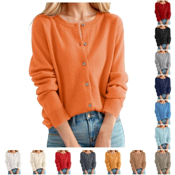 Women's Cardigan Sweater Classic Crew Neck Button Collar Knit Front Open Lightweight Long Sleeve Casual