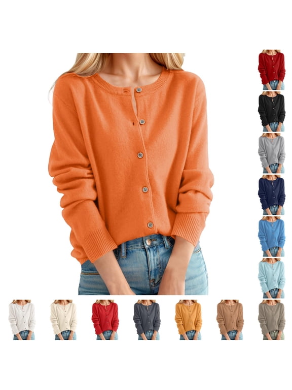 Women's Cardigan Sweater Classic Crew Neck Button Collar Knit Front Open Lightweight Long Sleeve Casual