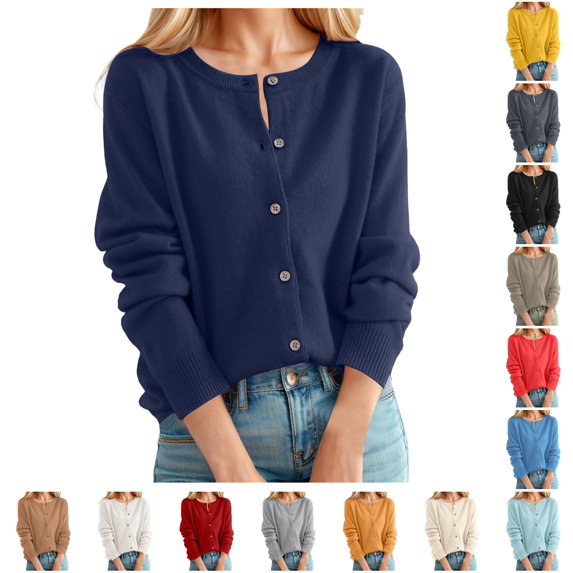 Women's Cardigan Sweater Classic Crew Neck Button Collar Knit Front Open Oversized Knit Sweater L