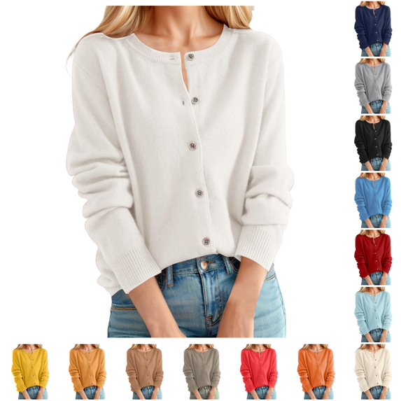 Women's Cardigan Sweater Classic Crew Neck Button Collar Knit Front Open Oversized Knit Sweater S