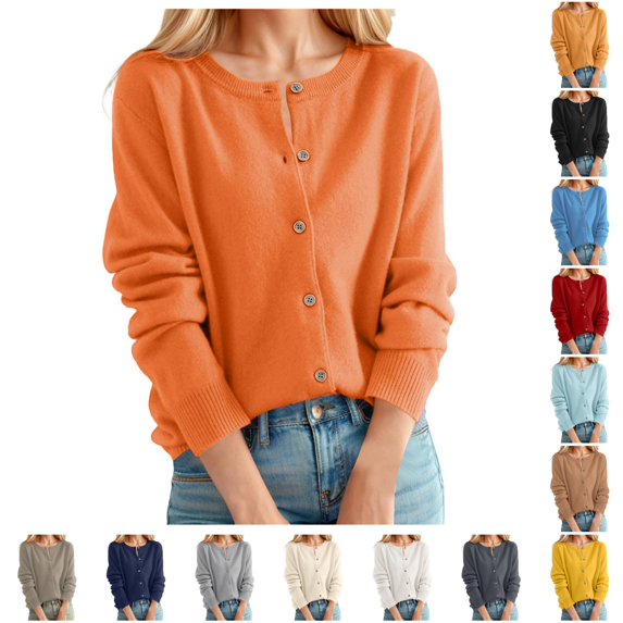 Women's Cardigan Sweater Classic Crew Neck Button Collar Knit Front Open Oversized Knit Sweater XL