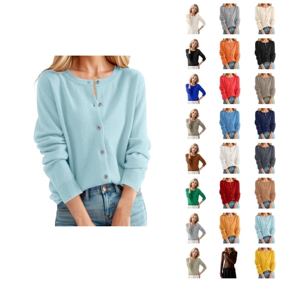 Women's Cardigan Sweater Classic Crew Neck Button Collar Knit Front Open