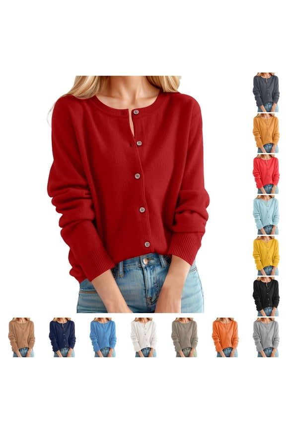 Women's Cardigan Sweater Classic Crew Neck Button Collar Knit Front Open