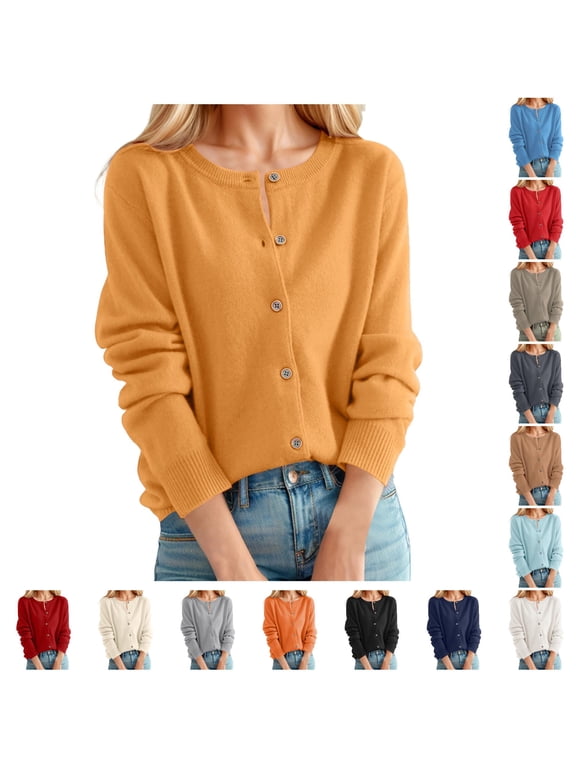 Women's Cardigan Sweater, Classic Crew Neck Button Collar Knit Open Front